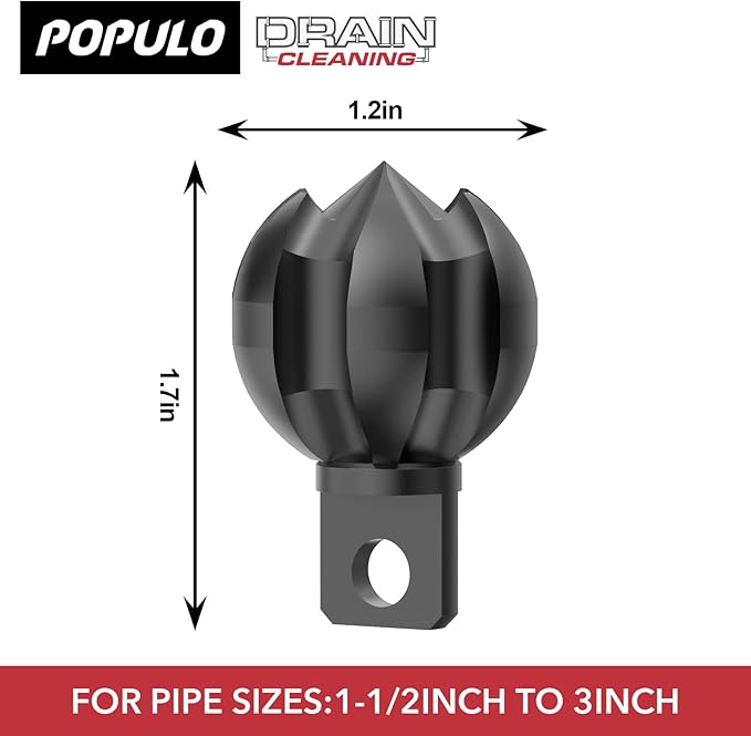 POPULO Drain Snake Attachment–Multi-Functional Cutter 1.2 Inch Diameter,Fits 1.5-3 Inch Pipes–Clears Scale,Tree Roots,and More – Compatible with POPULO and Other Leading Sewer Snake Machines