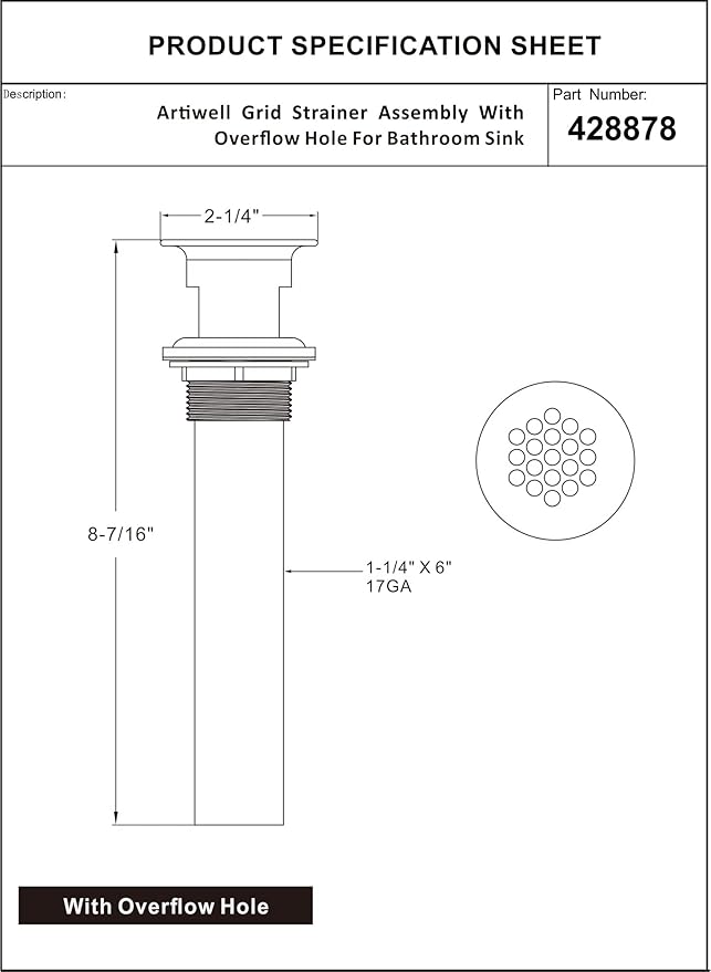Artiwell Grid Drain Strainer Assembly With Overflow for Bathroom Sink, P.O. Plug Lavatory Drain, Brushed Nickel