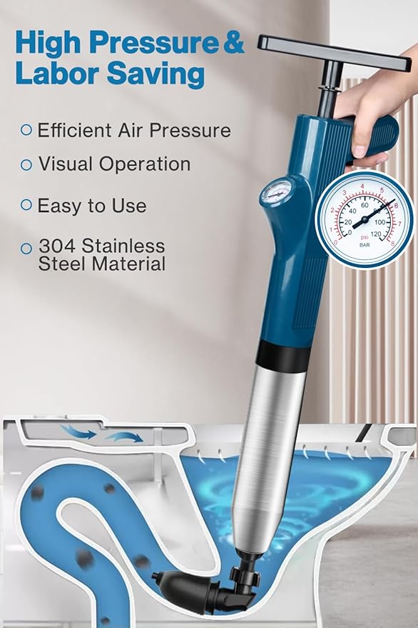 Toilet Plunger Set, High Pressure Air Plunger Drain Clog Remover, Sink Plungers for Bathroom, Snake Drain Blaster with Real-Time Barometer for Toilet Unclogger,Kitchen,Shower,Pipe,Floor,Sewer