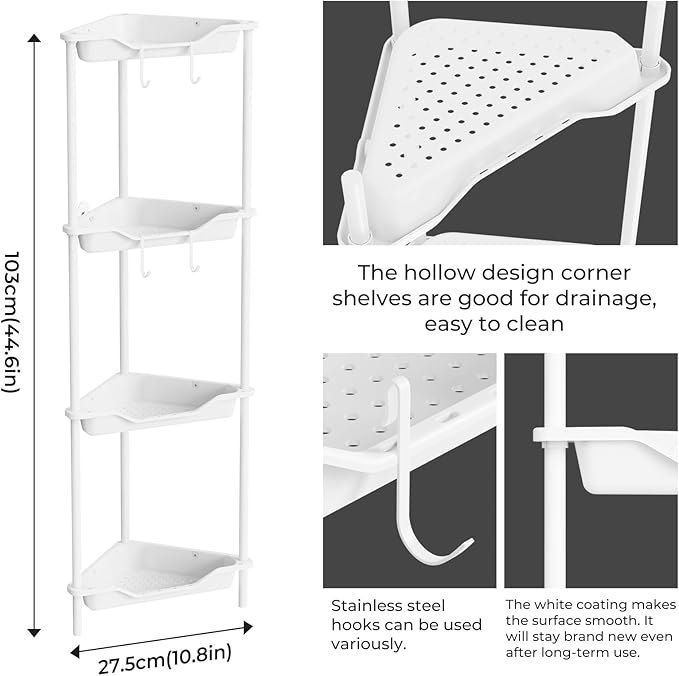 ODesign 4 Tier Corner Shower Caddy,Corner Shower Shelves for Living Room Bedroom Bathroom,Shower Table,Plastic Metal Splicing Ground Cabinet Storage Rack,10.8 x 10.8 x 44.6 inches White-Rustproof