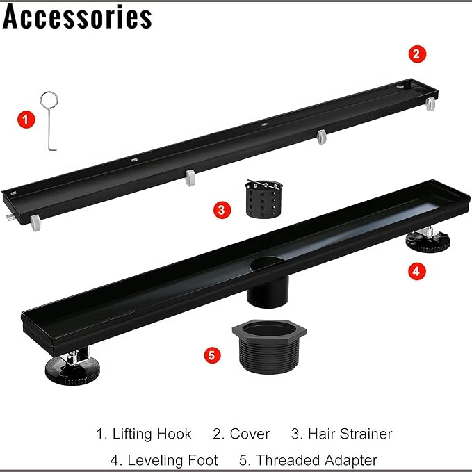 SaniteModar Linear Shower Drain,Black Shower Drain 48 inch with Flat & Tile Insert 2 in 1 Panel, with Hair Strainer and Leveling Feet…