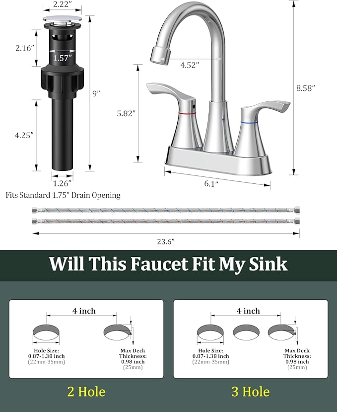 2 Pack Chrome Bathroom Faucet 3 Hole, Evolvegoods 4 Inch Stainless Steel Bathroom Sink Faucet, 2 Handle Centerset Faucet for Bathroom Sink Vanity, with Pop Up Drain and 2 Supply Hoses