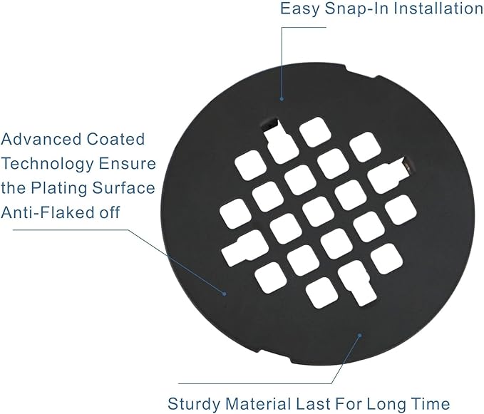 Black Snap-in Shower Drain Cover,Hidrop 4-1/4" OD Round Shower Strainer Grid, Easy-to-Install Replacement Cover Stainless Steel Matte Black
