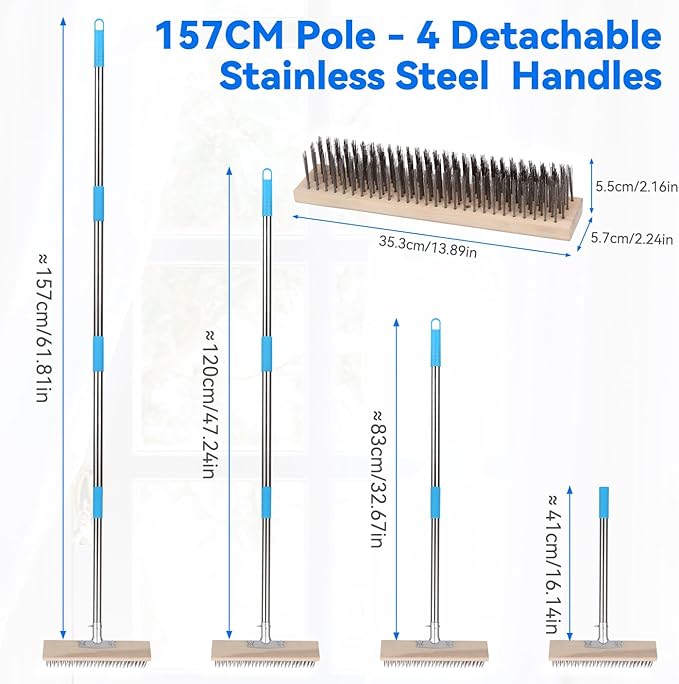 Heavy Duty Wire Broom with 70.8" Telescopic Handle: Stainless Steel Outdoor Broom for Cleaning Moss Concrete Floors Grout Gardens Patio Deck Concrete Garage (Style 2)
