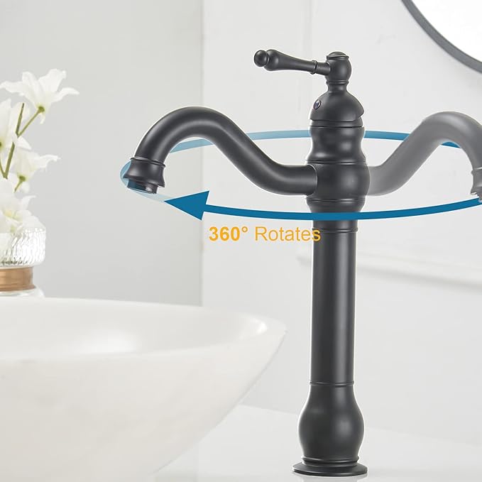 Black Vessel Sink Faucet Tall Farmhouse Single Hole Single Handle Vanity Lavatory Matte 360° Swivel for Bathroom with Pop Up Drain Without Overflow