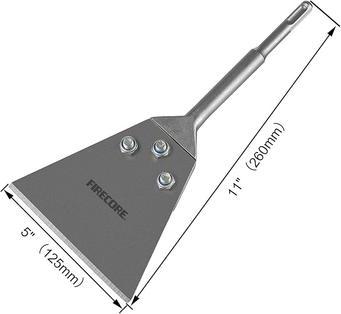 Firecore SDS Plus Floor Scraper with Spare Bolts and Locknuts, 5 Inch x 11 Inch Tile Removal Chisel Tool Long Handle Heavy Duty for Rotary Hammer Drill, Thinset Scraper Adhesives Remover FS22510