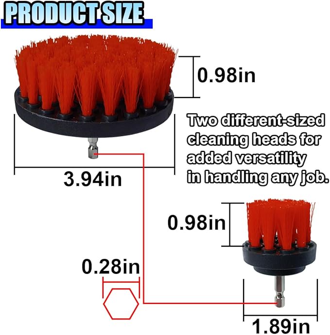 2PCS Car Detailing Drill Brush Set, 2" & 4" Power Carpet Scrubber, Nylon Bristle Wheel Cleaner Brush with Drill Attachment, Car Wash Cleaning Kit for Floor Mats, Bathroom (Red)