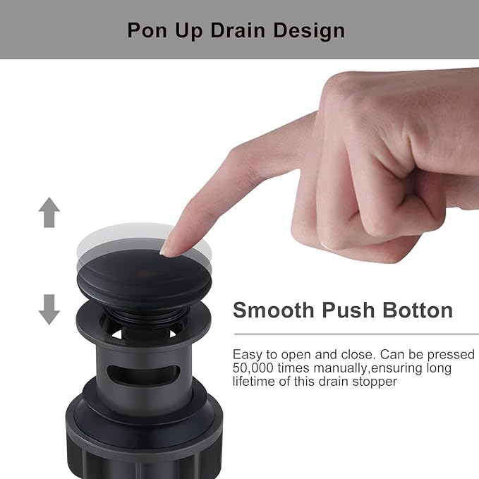 Bathroom Sink Drain, Pop Up Drain Stopper for Bathroom Sink and RV Sink, with Overflow, Matte Black Vessel Sink Drain, Built-in Anti-Clogging Strainer
