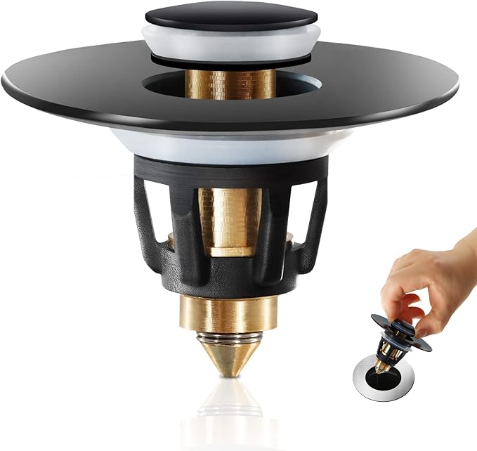 Black Bathroom Sink Stopper – Pop Up Drain Stopper & Sink Strainer, Universal Sink Plug for 1.1" to 1.5" Bathroom Sink Drain Pipes, Matte Black Finish