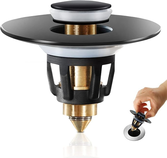 Black Bathroom Sink Stopper – Pop Up Drain Stopper & Sink Strainer, Universal Sink Plug for 1.1" to 1.5" Bathroom Sink Drain Pipes, Matte Black Finish