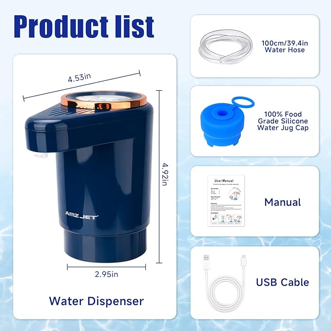 Dual Pump Water Dispenser for 5 Gallon Bottle, Electric Water Bottle Pump with Water Jug Cap, Powerful Flow, USB Rechargeable Automatic for Home, Office, Camping-Blue