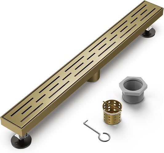 Brushed Titanium Gold Shower Drain 48 Inch, 304 Stainless Steel Linear Shower Drain with Removable Brick Pattern Grate - Adjustable Rectangular Shower Floor Drain with Hair Strainer, Linear Drain