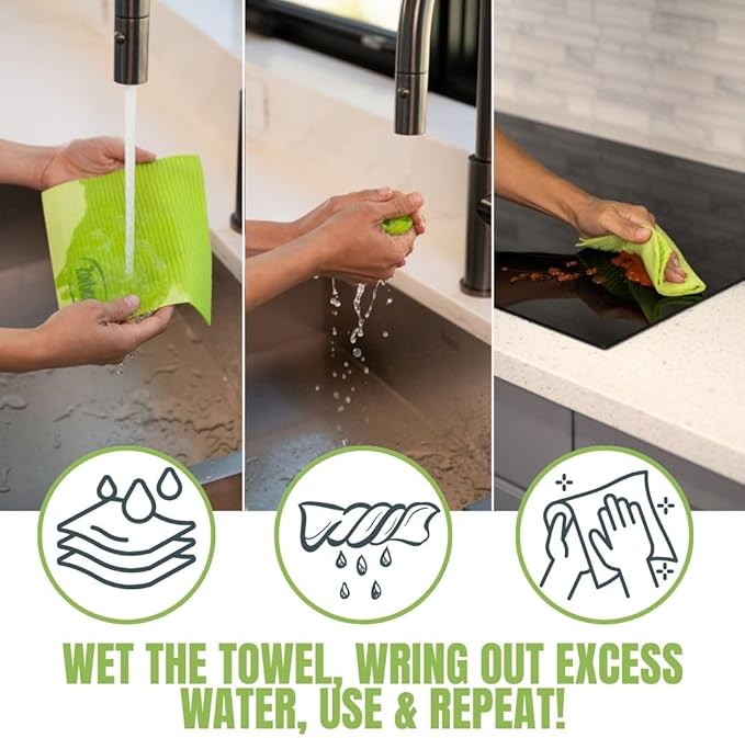 Zorbent Super Absorbent Towels 6 Pack, Green, Reusable Paper Towel Alternative, Lint Free Cleaning Cloth for Kitchen, Gym, Shoes, Travel, & Camping, Multipurpose Damp Duster, Spill & Mess Cleaner
