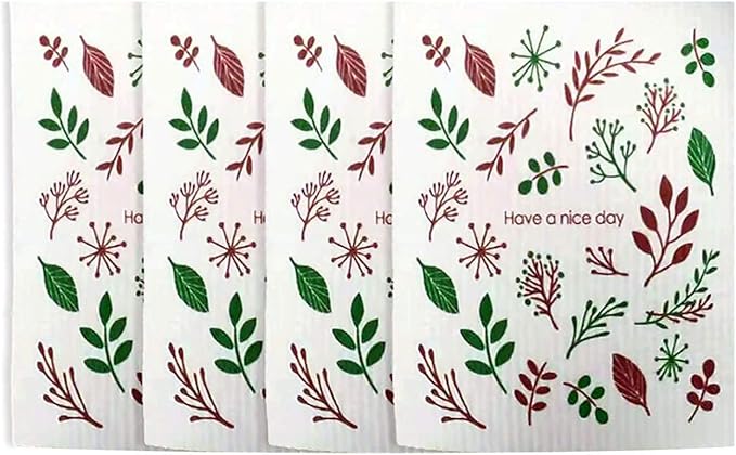 Swedish Dishcloth Reusable Kitchen Dish Towels Absorben and Fast Dry Cleaning Cloths Set of 4 No Odor Wipes (Leaf)