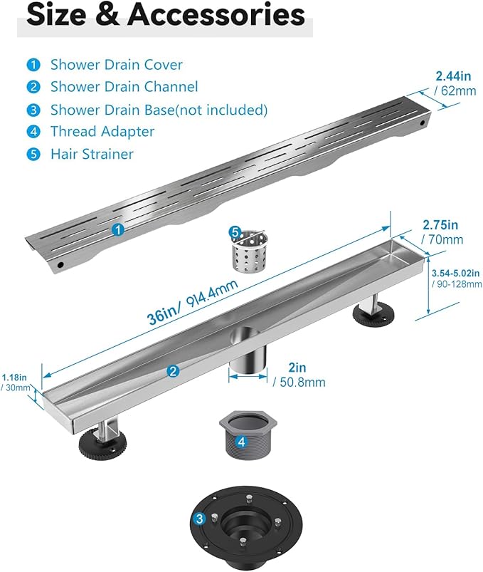 Shower Drain Stainless Steel for Bathroom: Brushed Nickel Linear Shower Drain 36 Inch with Removable Brick Pattern Grate - Adjustable Rectangular Shower Floor Drain with Hair Strainer