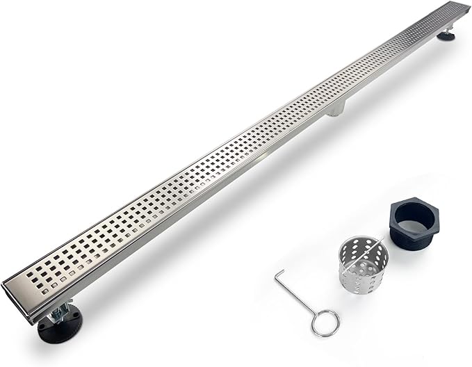 SaniteModar Linear Shower Drain, Shower Drain 60 inch with Removable Square Hole Panel, AISI Brushed 304 Stainless Steel Shower Floor Linear Drain with Adjustable Feet and Hair Catcher