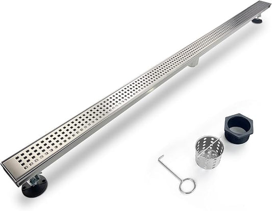 SaniteModar Linear Shower Drain, Shower Drain 60 inch with Removable Square Hole Panel, AISI Brushed 304 Stainless Steel Shower Floor Linear Drain with Adjustable Feet and Hair Catcher