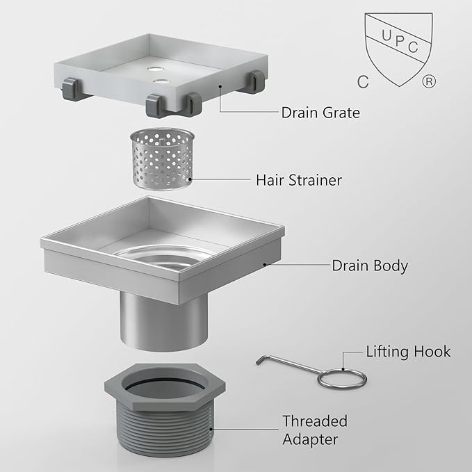 Sharpeye 4 Inch Square Shower Drain with Removable Tile Insert Grate, Brushed 304 Stainless Steel Square Shower Floor Drain, Includes Hair Strainer, CUPC Certified
