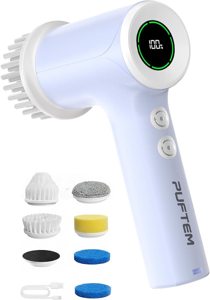 PUFTEM Electric Spin Scrubber for Bathroom Cleaning, Cordless Shower Scrubber with 6 Brush Heads, Dual-Direction Rotation, Handheld Cleaning Brush for Grout, Tile, Tub, Sink & Corners, Purple