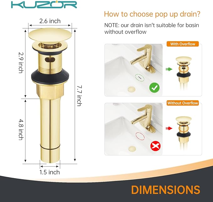 Gold Pop Up Bathroom Sink Drain with Overflow - Fits 1-5/8" to 2" Holes, 304 Stainless Steel for Vanity/Vessel Sink