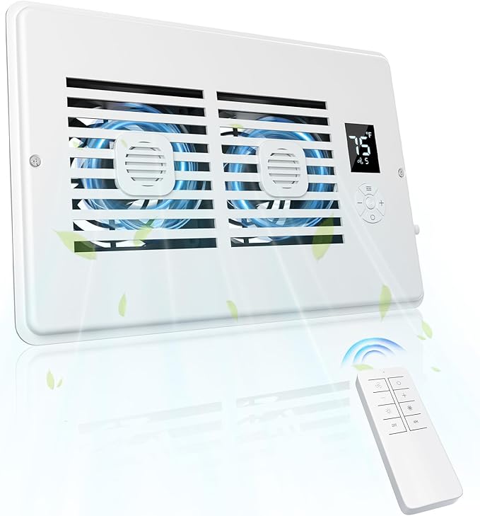 AC Vent Booster Fan 6" x 10" Register, Quiet 10-Speed Vent Booster with Thermostat Control, Remote & LCD Display, Built-in Aroma Pad Slot, Improves AC Heating & Cooling Airflow for Home