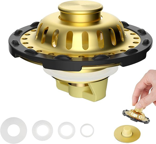 Universal Bathtub Drain Stopper Shower Hair Catcher Bathroom Sink Strainer, Tub Stopper with Visible Top Strainer, Brass Metal 3 in 1 Pop-up Stopper for Standard 1.1''~2.36'' Hole, Brushed Gold