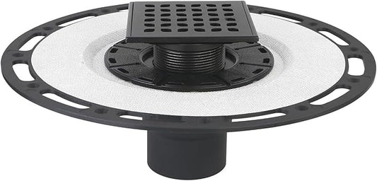 Square Shower Drain, 4-Inch Matte Black Kit with Bonding Flange, Removable Stainless Steel Grate & Hair Strainer, Fits 2" & 3" Pipes for Tiled Floors