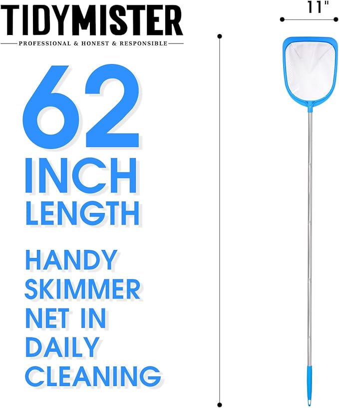 TidyMister 62'' Long Hot Tub Skimmer for Spa, Handy Pool Skimmer Net with Ultra Fine Diamond Netting Mesh for Small Pools, Hanging Hole Easy to Store