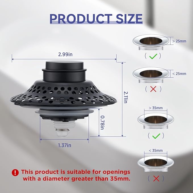 2 Pack Universal Bathtub Drain Stopper with Removable Hair Catcher, 3-in-1 Pop-up Drain Plug Fits 1.38 to 2.1 Inch Holes, Upgrade Shower Drain Cover with Stainless Steel Filter