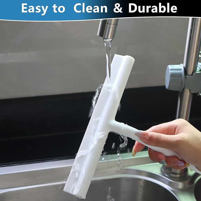 Shower Squeegee for Glass Doors, Full Silicone Jacketed Squeegee with Ergonomic Handle & No-Drill Hook, Cleaning Tool for Windows, Mirrors, Tiles, Bathroom & Car - White