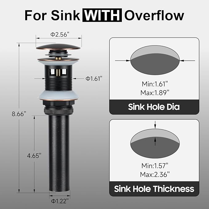 Pop Up Drain with Overflow, Bathroom Sink Drain Assembly Vessel Sink Assembly for Bathroom Faucet Vessel or Vanity Sink, Oil Rubbed Bronze