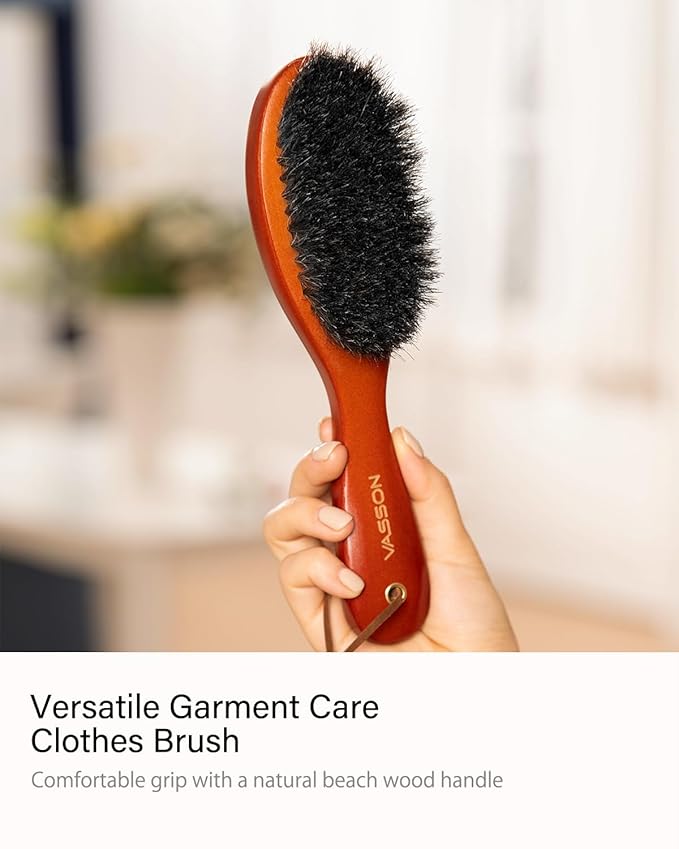 VASSON Clothes Brush, Pure Horse Bristle Garment Brush Removes Lint, Pet Hair, and debris from Jackets, Hats, Hoods, Couch - Solid Beech Wood Handle