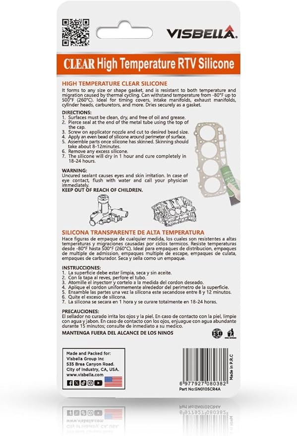 Visbella High Temperature RTV Silicone Gasket Maker, Sealed Oil Resistant Waterproof Quick Dry Liquid for Bonding Internal Combustion, Steam Turbines, Automotive Engine Parts 3.7OZ (Clear)