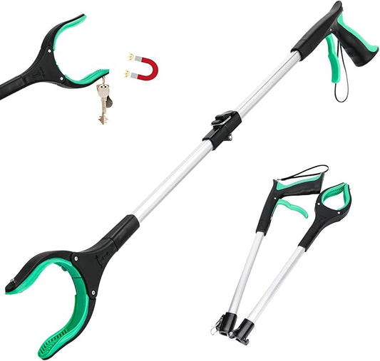 Grabber Reacher Tool,32 Inch Extra Long Foldable Pick Up Stick with Strong Grip Magnetic,360°Rotating Anti-Slip Jaw,Trash Claw Grabber Tool,Trash Picker Tool for Outdoor & Indoor (Green)