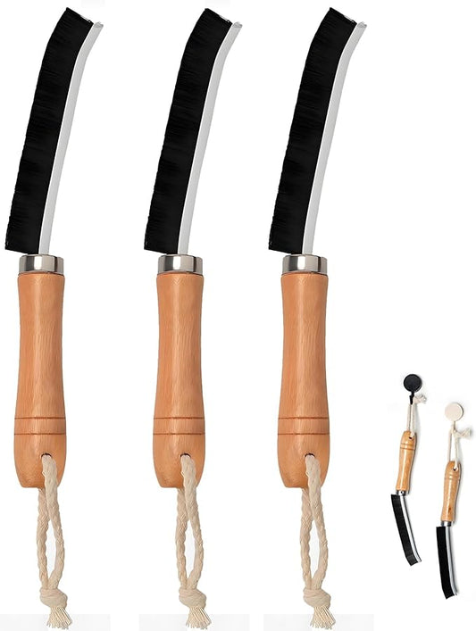 Natural Solid Wood Handle Crevice Cleaning Brushes - 3Pcs Premium Hardwood Grip & Stiff Bristles Gap Brush Scrubber for Tile Grout, Kitchen Cabinets/Windows Groove/Tiles/Faucet Etc.