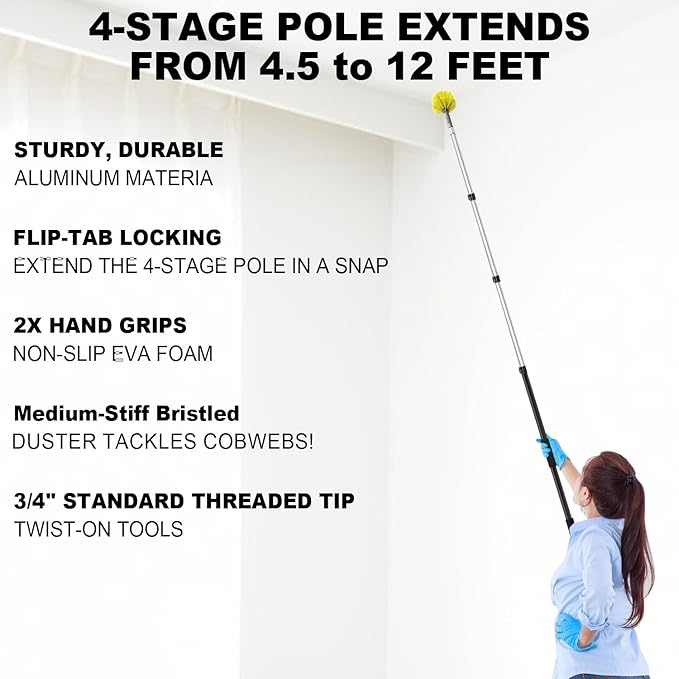 4-12ft Cobweb Duster with Extension Pole, 20 Foot High Reach Feather Dusters with Bristles for Cleaning Outdoor Indoor, 4-Stage Spider Web Remover with Telescopic Pole for Ceiling Wall Yellow