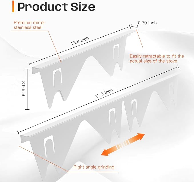 Stainless Steel Stove Gap Covers,Stove Gap Filler, Range Trim Kit, Stove Gap Guards, Heat Resistant and Easy to Clean, Easy retractable Length 13.8" to 27.5", Width 0.79",White(2PCS)