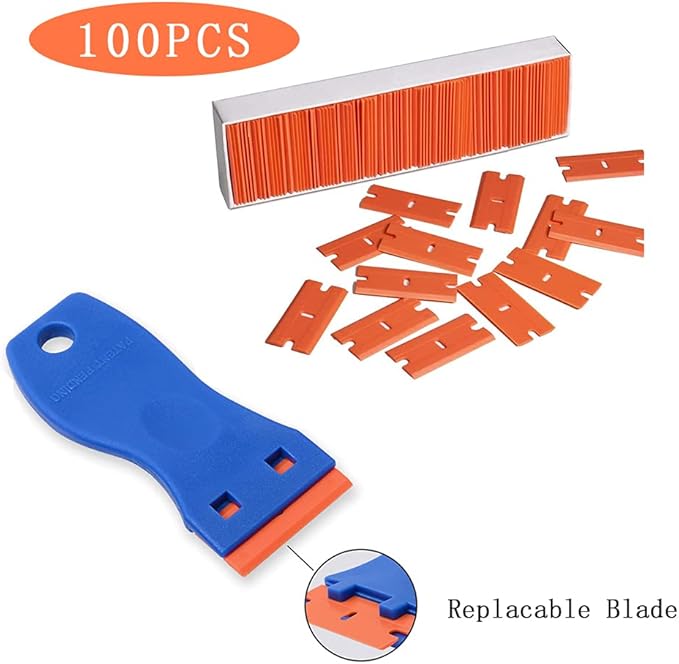 Plastic Razor Blades Scraper, 3PCS Plastic Scraper 100PCS Blades, Putty Knife Scratch-proof, Car Glass Windows Tile Desktop Cleaning Tool, for Glue Labels Stickers Decals (Plastic)