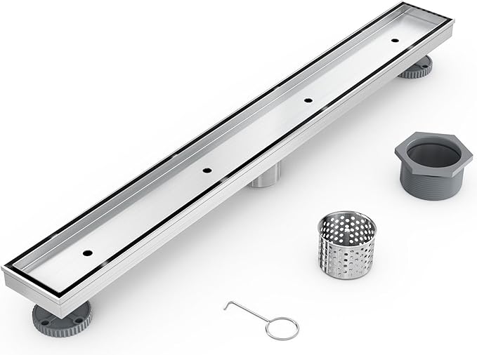 Sharpeye 32 Inch Linear Shower Drain with Tile Insert Grate, Brushed Nickel 304 Stainless Steel Rectangle Shower Floor Drain for Bathroom, CUPC Certified, with Hair Strainer, Leveling Feet