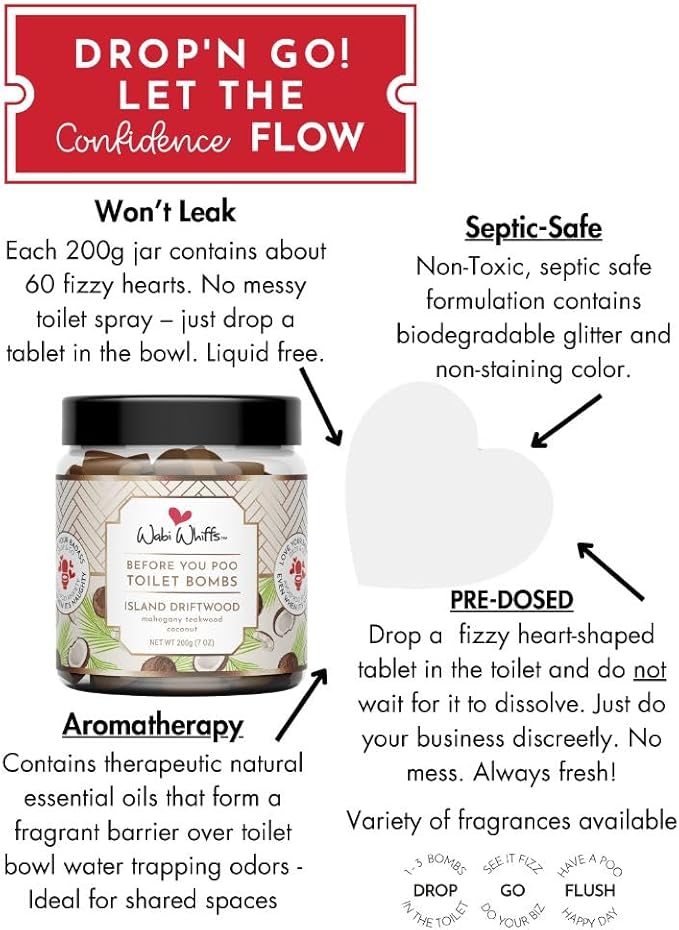 Wabi Whiffs Fizzing Toilet Bombs – Island Driftwood | Natural Bathroom Deodorizer | Odor Eliminator Tablets For Freshness & Cleanliness | Eco-Friendly Septic Safe Tablets | 60 Count |