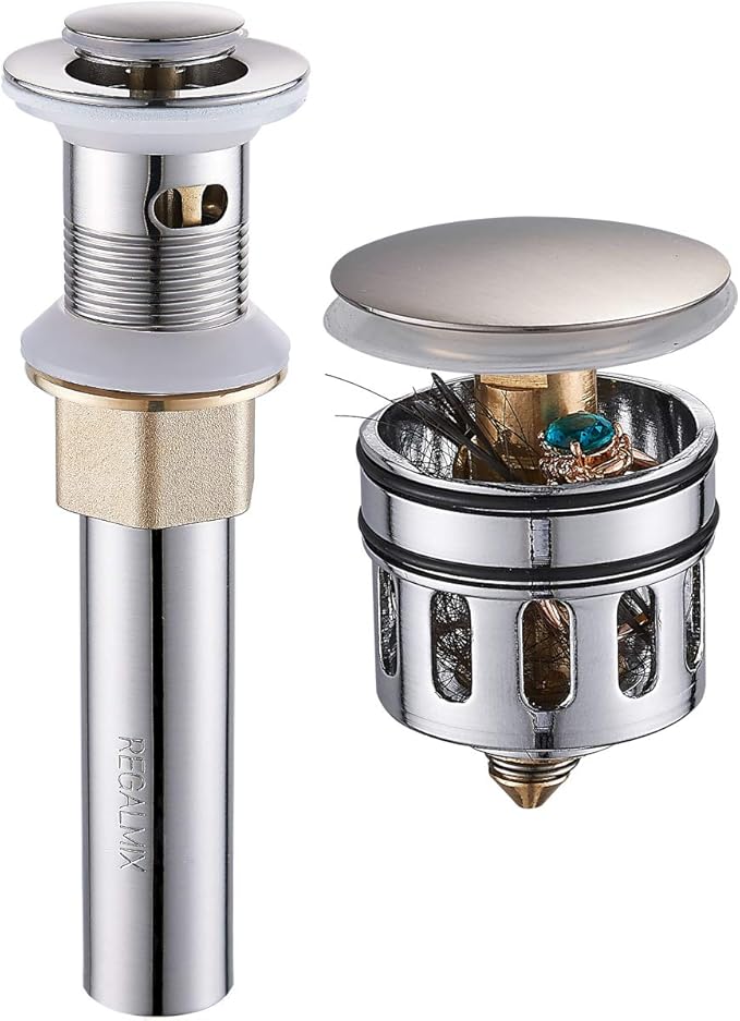 Vessel Sink Drain, Bathroom Faucet Vessel Sink Pop Up Drain Stopper, Built-In Anti-Clogging Strainer, Brushed Nickel with Overflow,Fits Standard American Drain Hole(1-1/2" to 1-3/4") R086J-BN