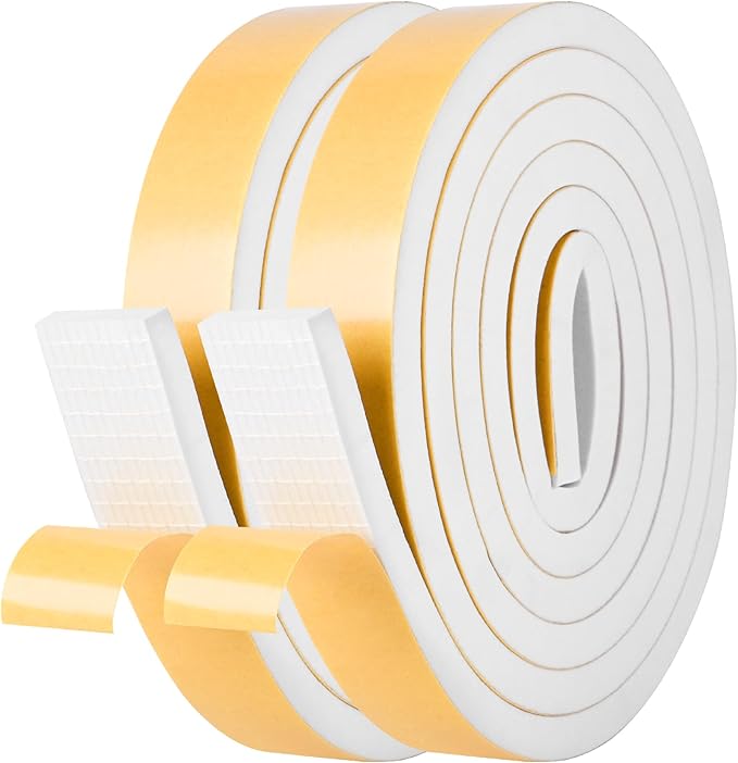 Kikerike Self Adhesive Foam Tape Weatherstrip 1in x 3/8in x 33Ft High Density Foam Insulation Strips Seal Weather Stripping with Strong Adhesive for Door and Window Sound Isolation Soundproofing