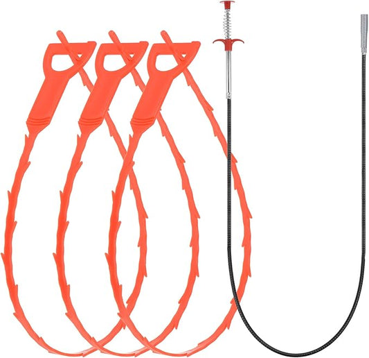 uxcell 3pcs 20 Inch Drain Hair Clog Remover Tool PP & 35 Inch Drain Cleaner Tool Sticks Stainless Steel Sewer Cleaning Hook Unclog Sink Unclogger for Toilet Bathtub Sewer, Orange