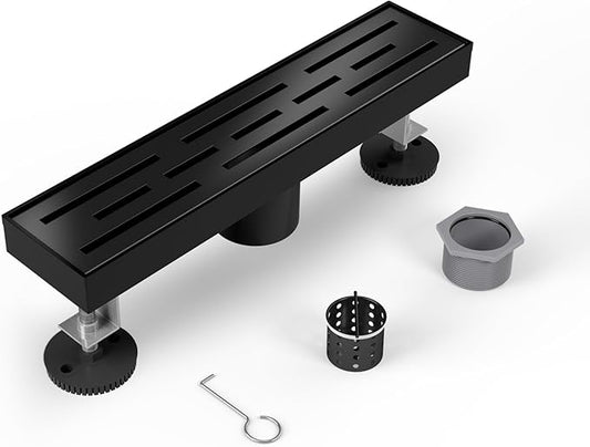 Shower Drain Stainless Steel for Bathroom: Black Linear Shower Drain 18 Inch with Removable Brick Pattern Grate - Adjustable Rectangular Shower Floor Drain with Hair Strainer (Matte Black)