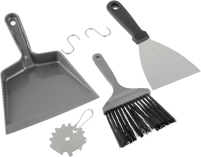 6 Piece Pellet Grill Ash Cleaning Kit, Includes 1 Dust Scoop, 1 Soft Bristle Brush, 1 Flat Scraper, 1 3D Scraper, 2 Hook