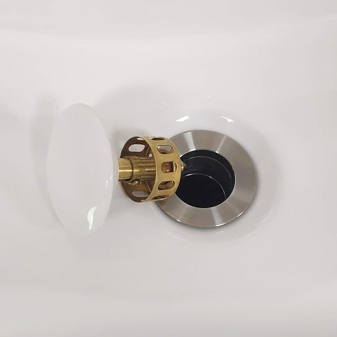 Bathroom Pop Up Drain, Vessel Sink Drain with Removable Stopper and Anti-Clogging Basket Hair Catcher, White Porcelain Cap Vanity Strainer with Overflow, Brushed Nickel
