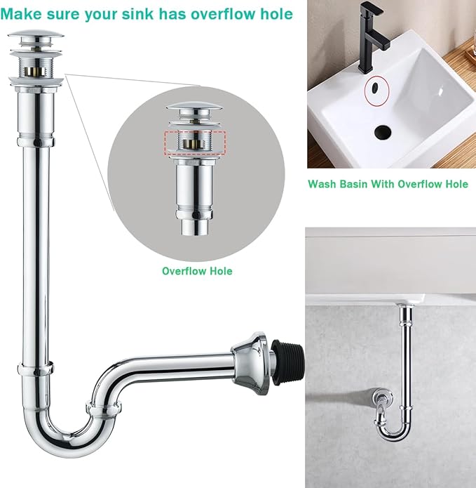 Brass P Trap with Pop Up Drain Stopper With Overflow,U-Shape 1 1/4 Slip Joint Extension Tub Sink Drain Pipe,12 inch Pipe length Adjustable Height Sink Waste Trap Drain Kit,Chrome