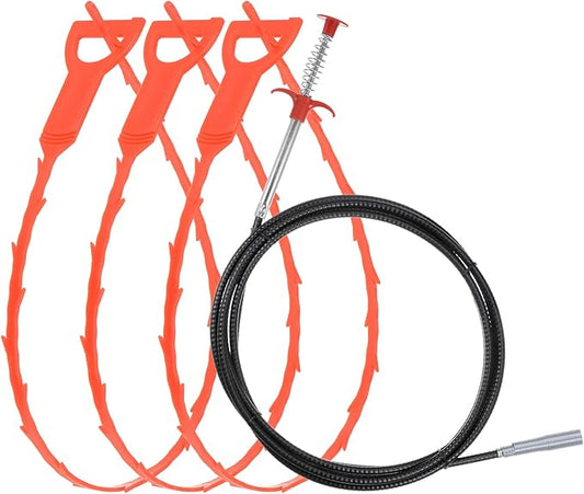 uxcell 3pcs 20 Inch Drain Hair Clog Remover Tool PP & 120 Inch Drain Cleaner Tool Sticks Stainless Steel Sewer Cleaning Hook Unclog Sink Unclogger for Toilet Bathtub Sewer, Orange