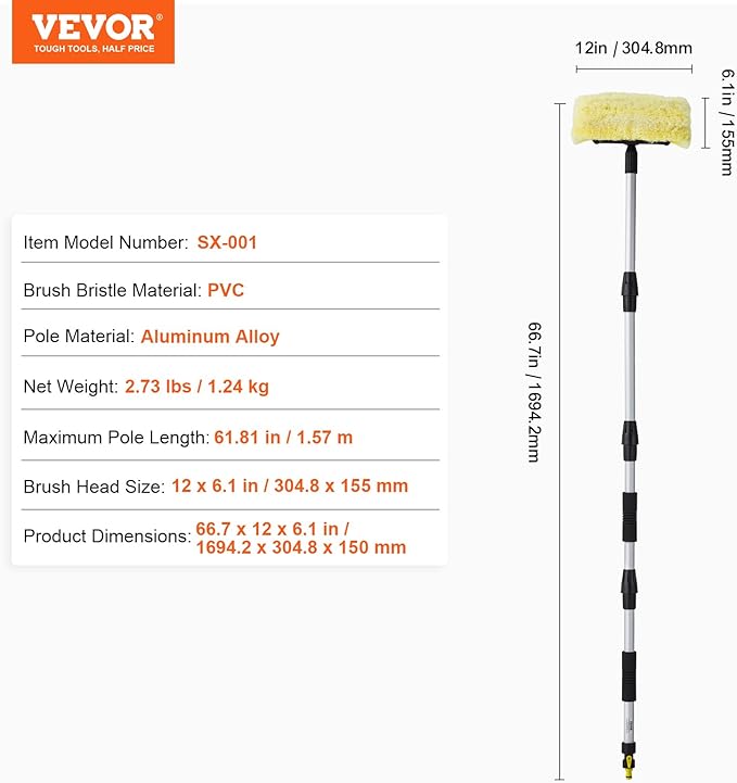 VEVOR Car Wash Brush, 66.7-Inch Extendable Car Washing Brush with Long Handle, 12" Scratch-Free Soft PVC Bristle Head, Flow-Thru Car Cleaning Mop Kit with Water Hose Attachment for Car RV Boat