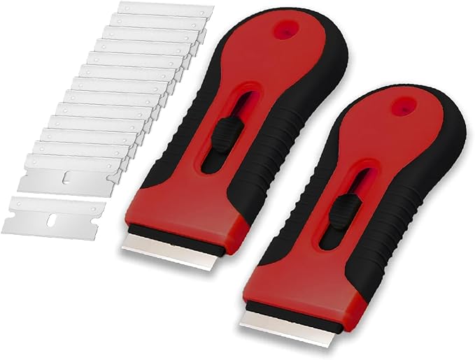 Bates- Razor Blade Scraper Tool, 2 Pack, 30 Extra Stainless Steel Blades, Anti-Slip Ergonomic Handle Design, Razor Scraper Set for Cleaning Window, Paint, Oven, Glass, Stove